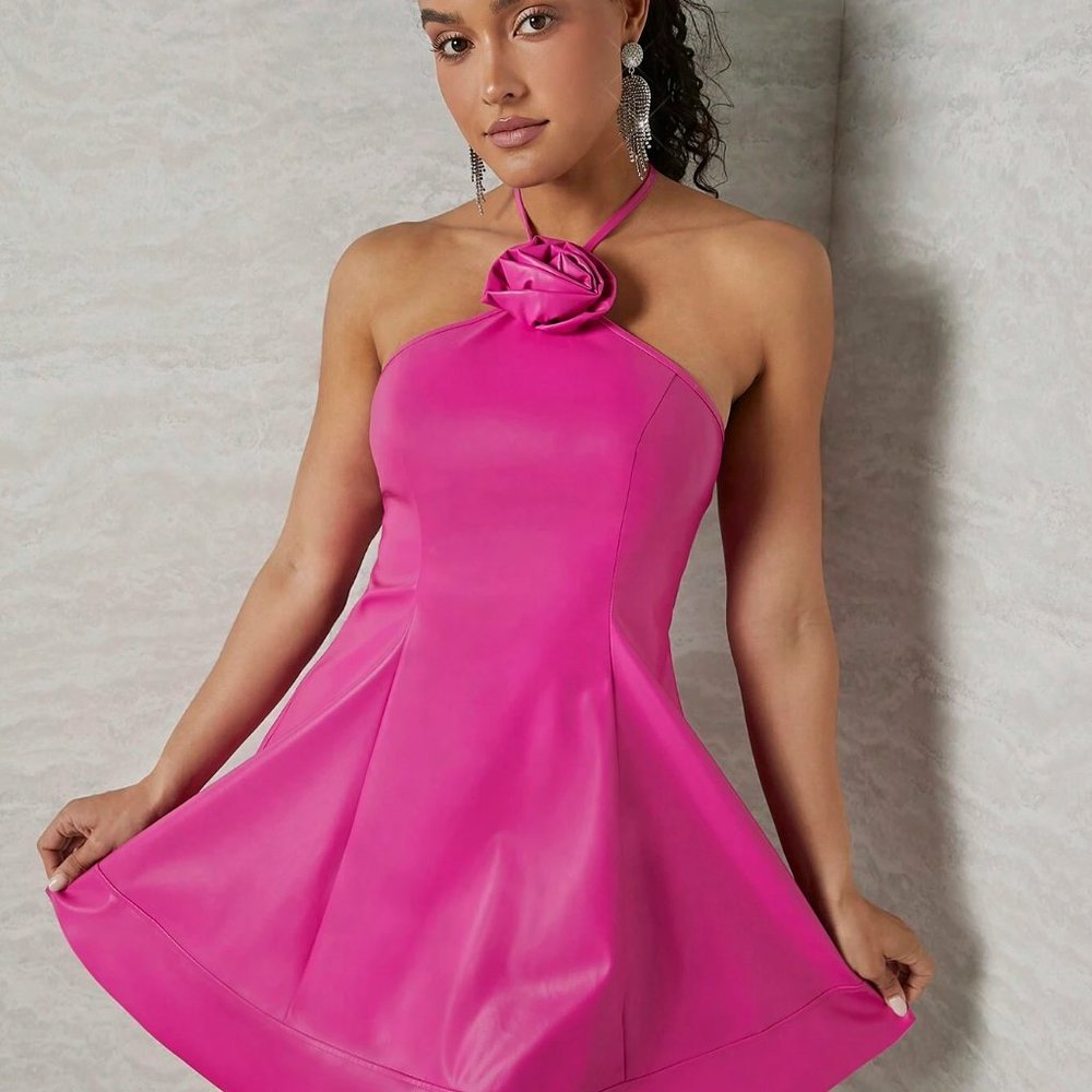 Pink Boho Womens PU Leather Rosette Halter Neck Mini Dress - Picture 5 of 5